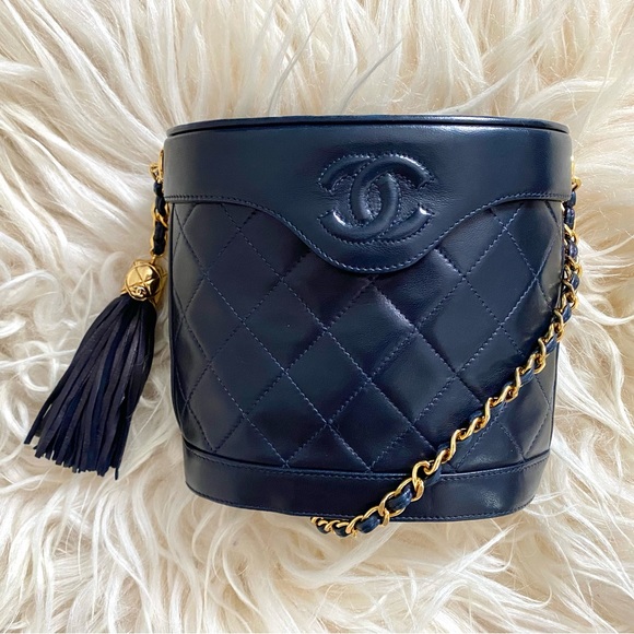 CHANEL Handbags - Vintage Chanel 80s 90s Navy Blue Lambskin Flap Bucket Shoulder Bag